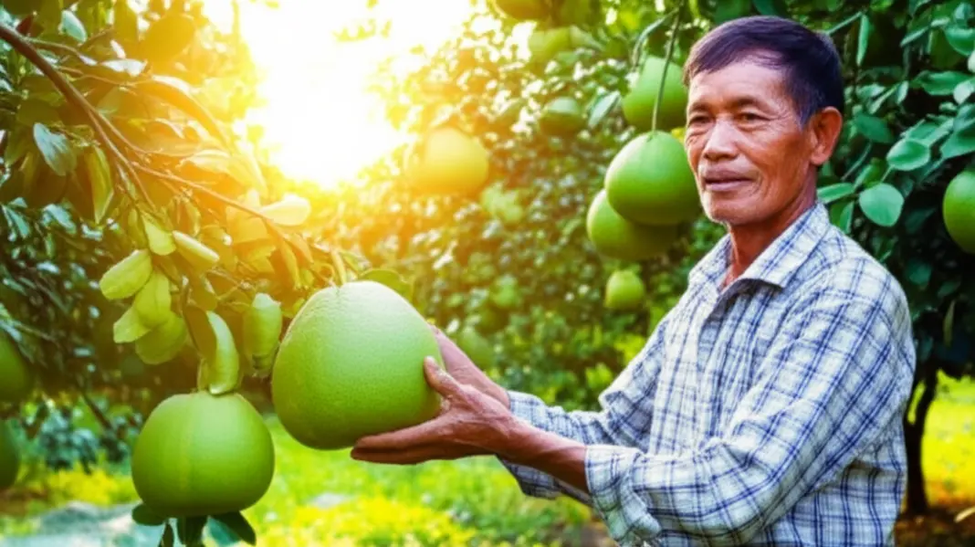 Hình ảnh một người nông dân lớn tuổi đang mỉm cười tự hào trong khu vườn bưởi xum xuê, khỏe mạnh vào buổi sáng.
