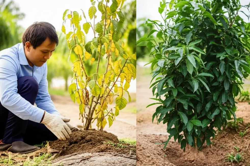 Người nông dân đang kiểm tra đất để tìm nguyên nhân khiến cây còi cọc, kém phát triển.