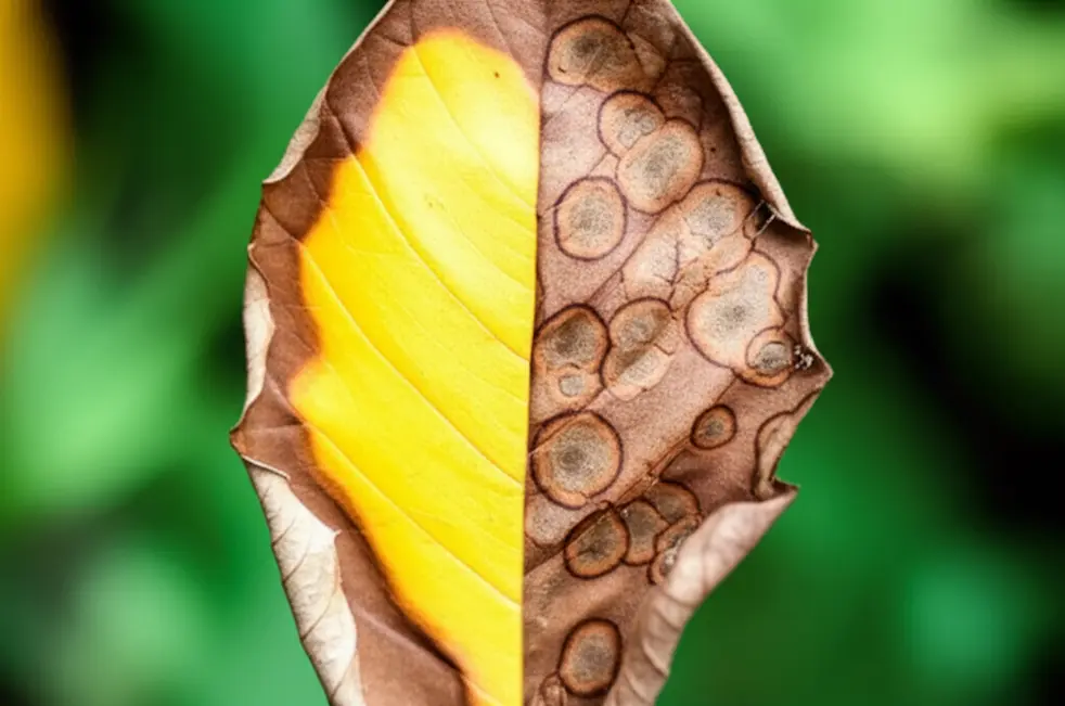 Cháy lá có thể do cháy nắng (trái) hoặc do bệnh nấm (phải).