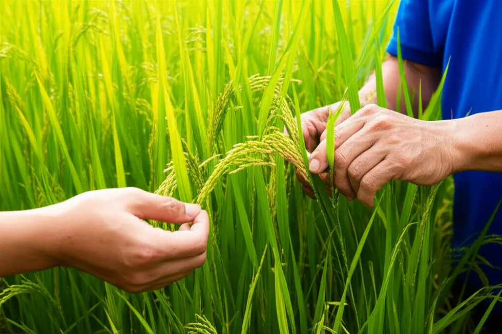 Hình ảnh một người nông dân Việt Nam đang kiểm tra lá cây bị nấm bệnh trong một cánh đồng xanh tốt vào buổi sáng.