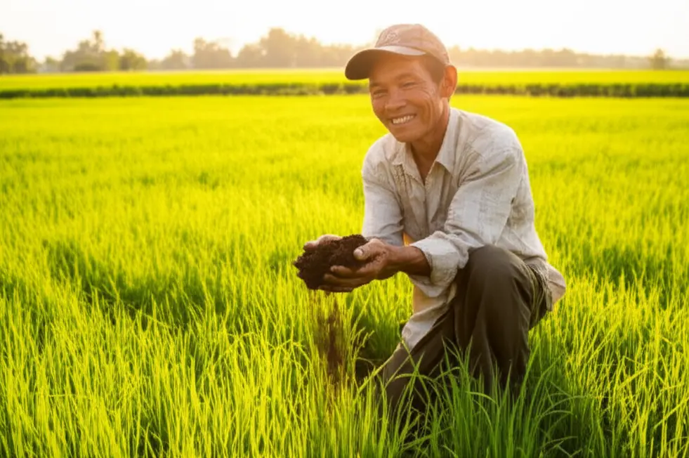 Người nông dân Việt Nam hạnh phúc bên thửa ruộng xanh tốt, tay nâng niu lớp đất màu mỡ, biểu tượng cho thành công từ việc cải tạo đất trồng thiếu chất.