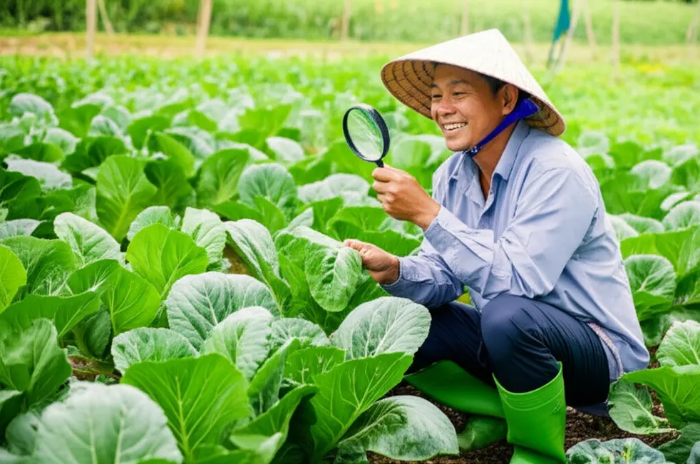 Một người nông dân Việt Nam vui tính đang dùng kính lúp để kiểm tra một chiếc lá bị héo nhẹ trong khu vườn xanh tốt của mình.