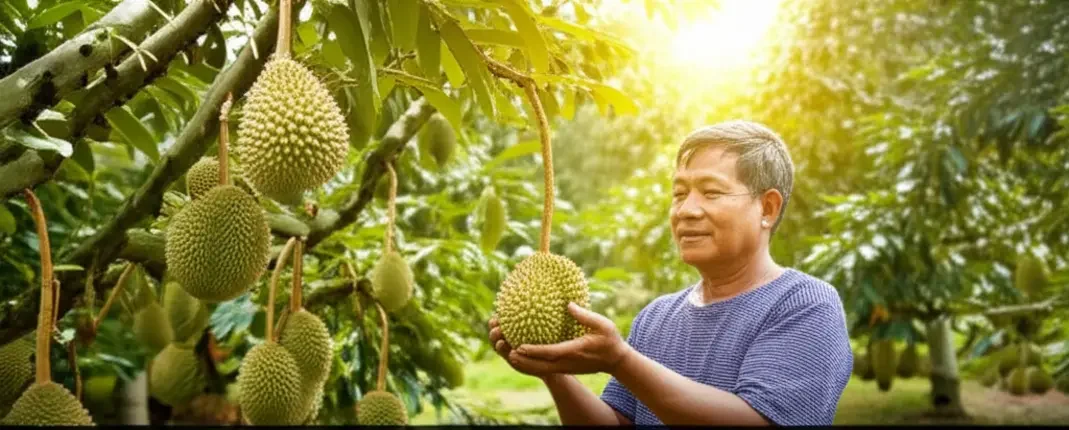 Ảnh bìa: Một người nông dân Việt Nam đang mỉm cười hạnh phúc, nâng niu một trái sầu riêng non trong vườn cây trĩu quả vào lúc hoàng hôn.