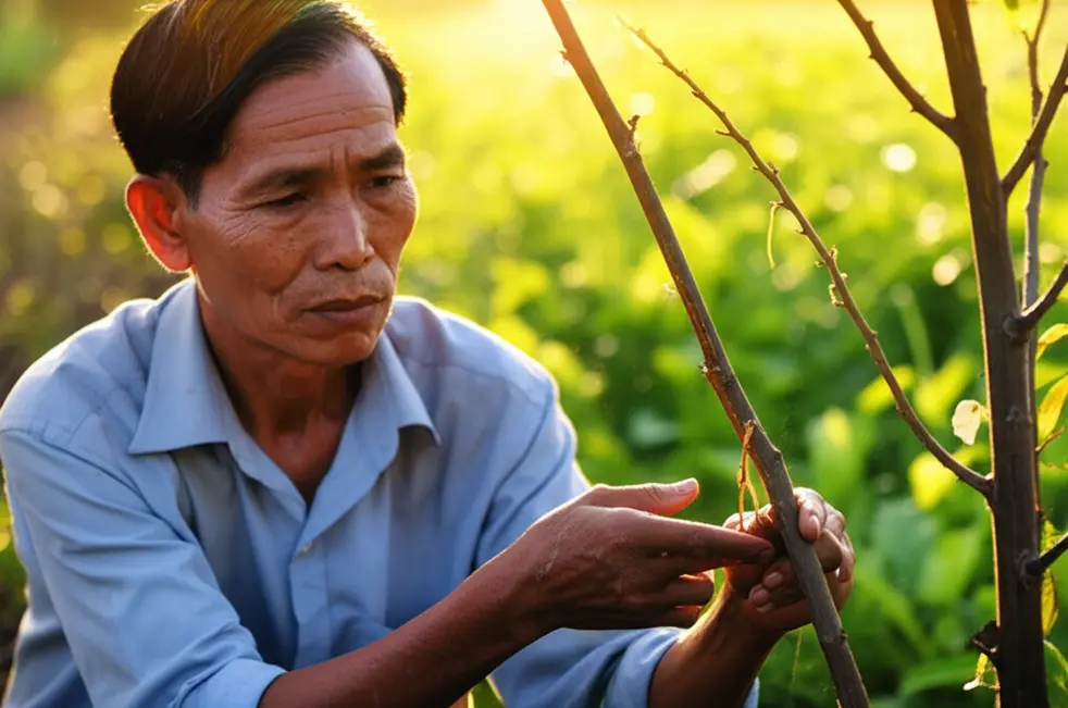 Cận cảnh bàn tay nông dân chạm vào một cành cây sẫm màu, không có chồi non, thể hiện sự lo lắng về tình trạng cây trồng.