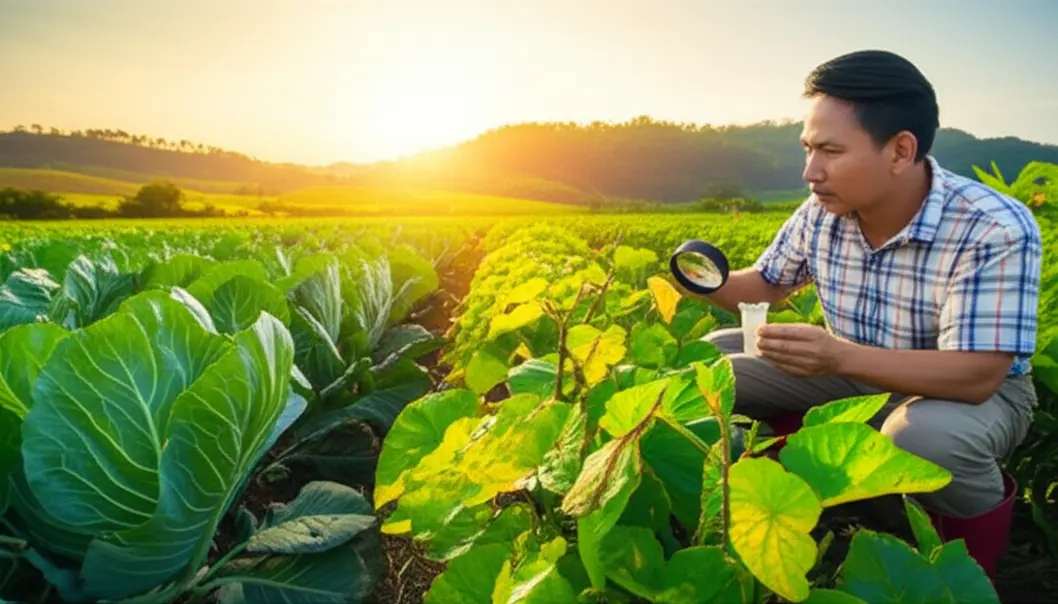 Hình ảnh một nông dân đang kiểm tra cẩn thận cây trồng trên cánh đồng, với một số cây có dấu hiệu thiếu dinh dưỡng xen kẽ với cây khỏe mạnh, trong ánh nắng ban mai.