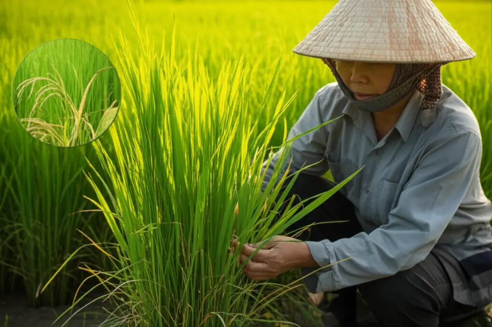 Hình ảnh cận cảnh một nông dân đang xem xét lá lúa có dấu hiệu vàng úa do thiếu kẽm trên một cánh đồng xanh tốt.