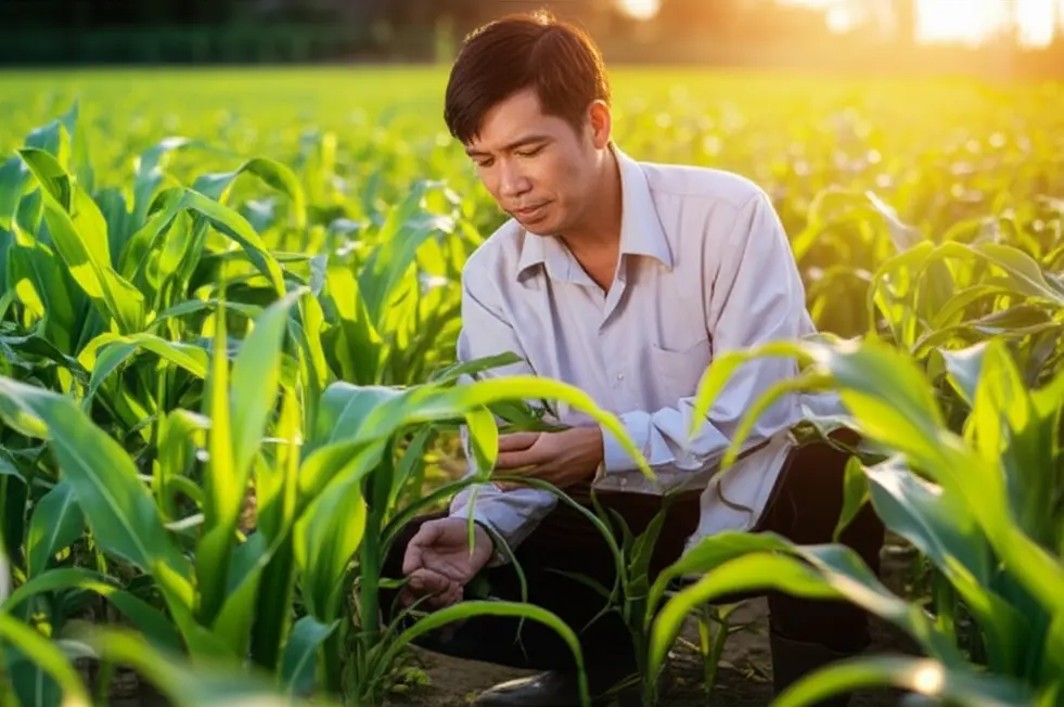 Cận cảnh một nông dân đang xem xét kỹ những chiếc lá ngô màu tím, một dấu hiệu điển hình của cây thiếu lân, trong ánh nắng hoàng hôn.