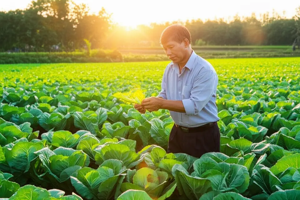 Hình ảnh một người nông dân Việt Nam đang mỉm cười kiểm tra một chiếc lá khỏe mạnh trong khu vườn xanh tươi của mình vào buổi sáng.
