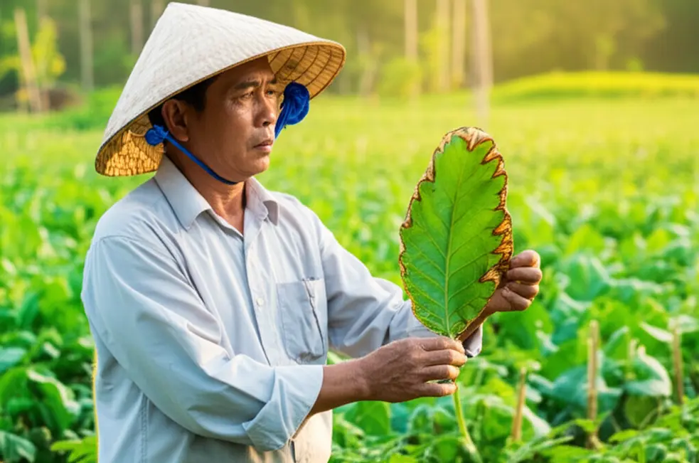 Một người nông dân Việt Nam đội nón lá đang đứng giữa cánh đồng, cẩn thận xem xét một chiếc lá có dấu hiệu bị cháy ở mép.