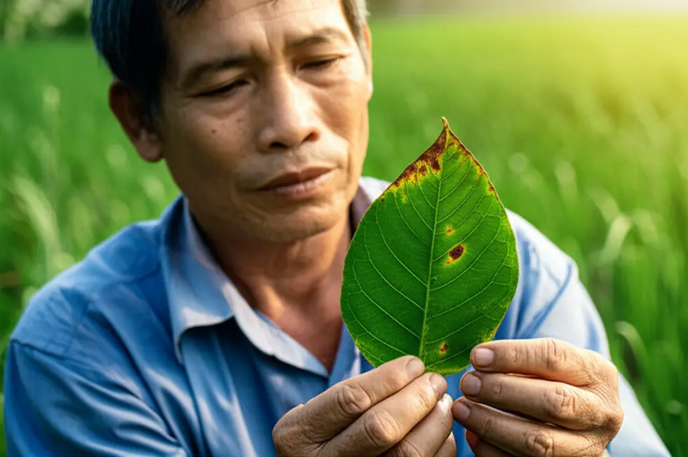 Cận cảnh bàn tay của người nông dân đang nâng một chiếc lá xanh có vài đốm nâu, thể hiện sự quan tâm và kiểm tra sâu bệnh trên cây trồng.