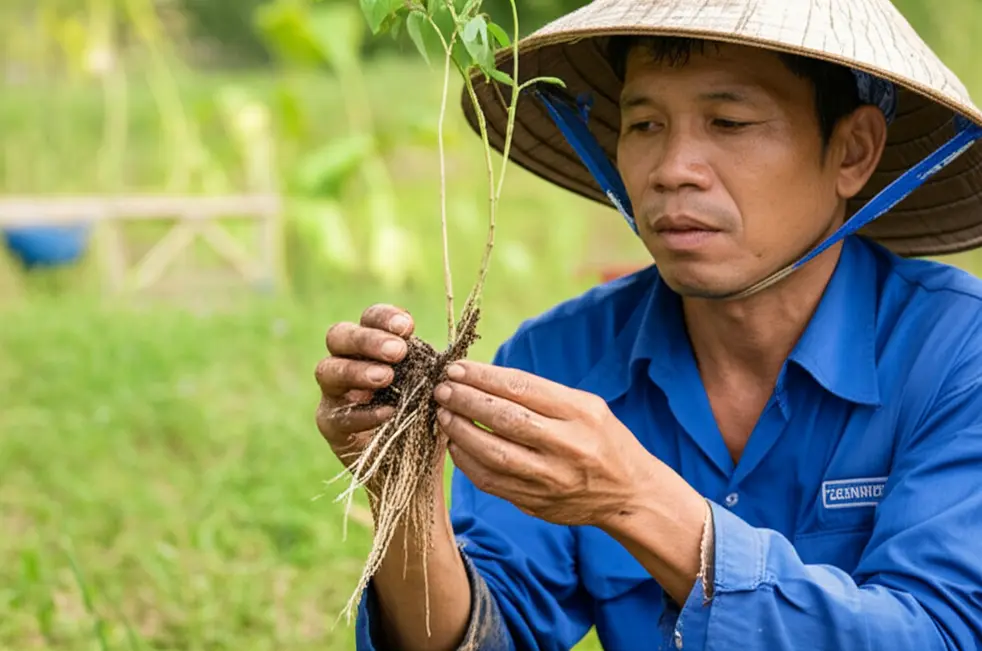 Cận cảnh tay người nông dân cầm một cây non, để lộ bộ rễ có cả phần khỏe mạnh màu trắng và phần bị thối đen, biểu thị tình trạng rễ cây bị hư.