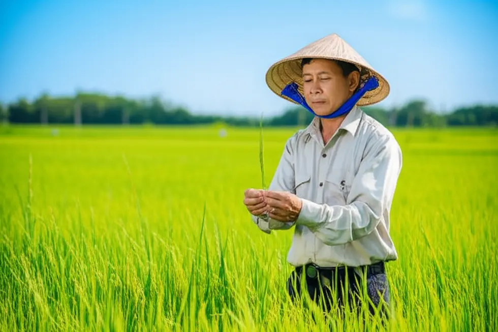 Người nông dân đang đội nón lá, cẩn thận kiểm tra một chiếc lá cây trên cánh đồng xanh mướt, thể hiện sự quan tâm đến sức khỏe cây trồng.