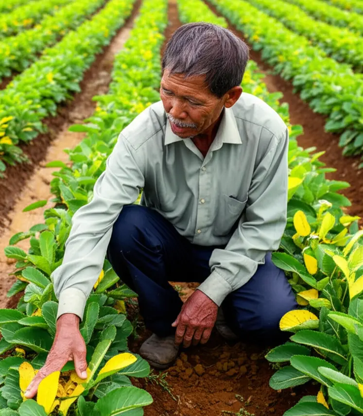Nông dân tỉ mỉ kiểm tra mẫu vàng lá trên cây để chẩn đoán nguyên nhân.