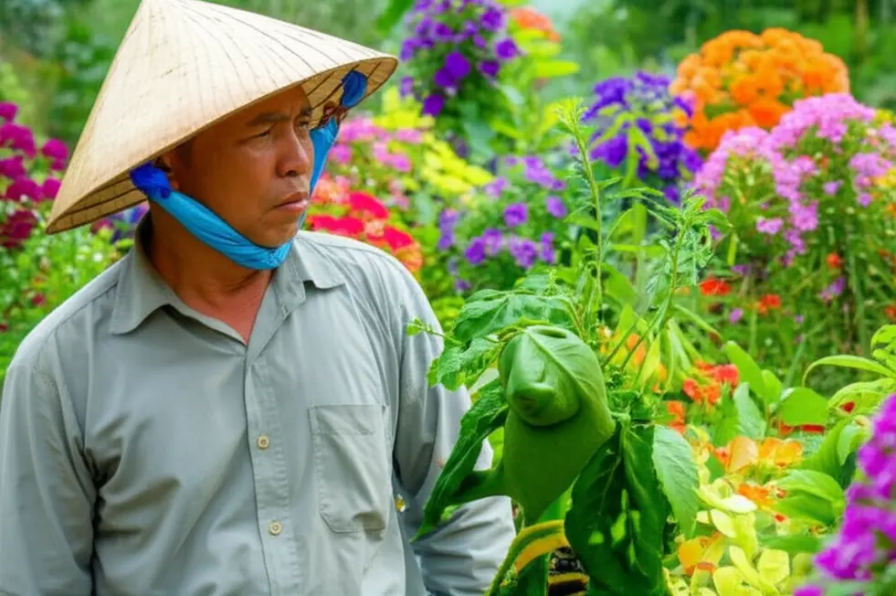 Hình ảnh bìa hài hước về nông dân Việt Nam đứng ngắm một cái cây không hoa với vẻ mặt bối rối, trong khi các cây khác xung quanh nở hoa rực rỡ, thể hiện chủ đề cây không ra hoa.
