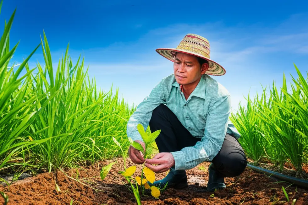 Hình ảnh nông dân đội nón lá đang quỳ kiểm tra một cây nhỏ còi cọc giữa cánh đồng xanh mướt, thể hiện sự quan tâm đến cây trồng.