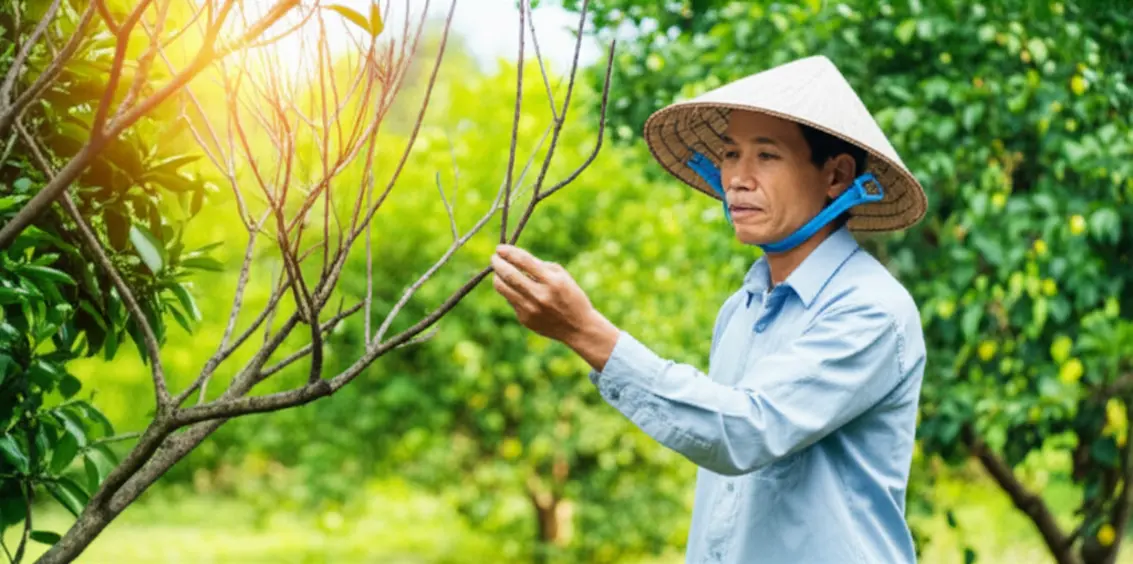 Một nông dân Việt Nam đang lo lắng xem xét một cành cây bị khô trong vườn cây ăn trái xanh tươi của mình.