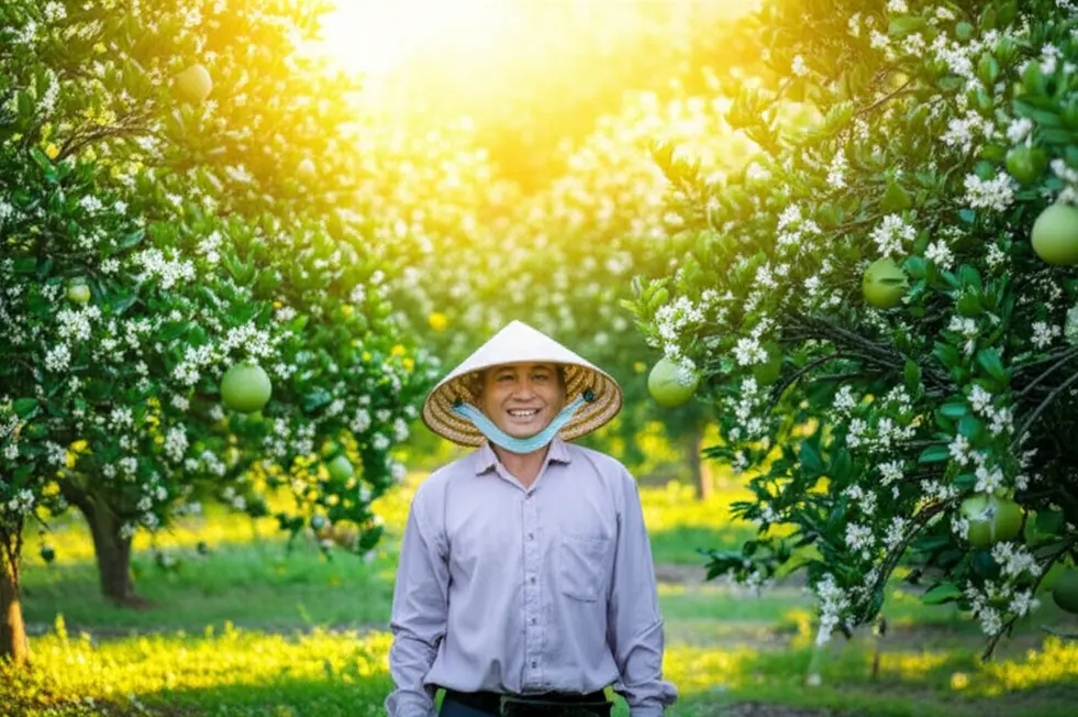 Hình ảnh một người nông dân Việt Nam đang mỉm cười tự hào giữa vườn bưởi đang trong mùa ra hoa đồng loạt, hoa nở trắng cành dưới ánh nắng sớm.