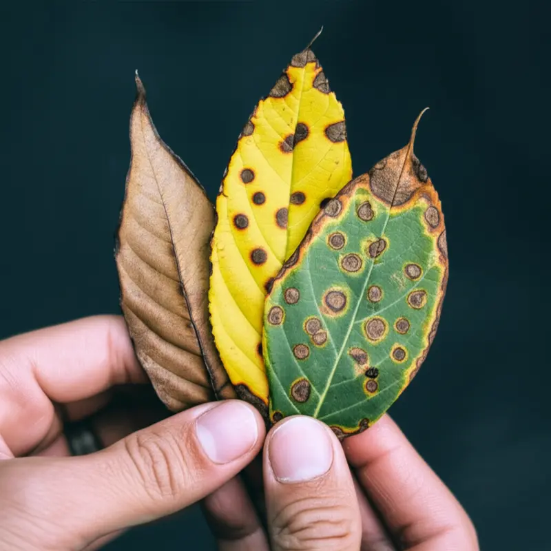 Cháy lá có thể do cháy nắng (trái) hoặc do bệnh nấm (phải).