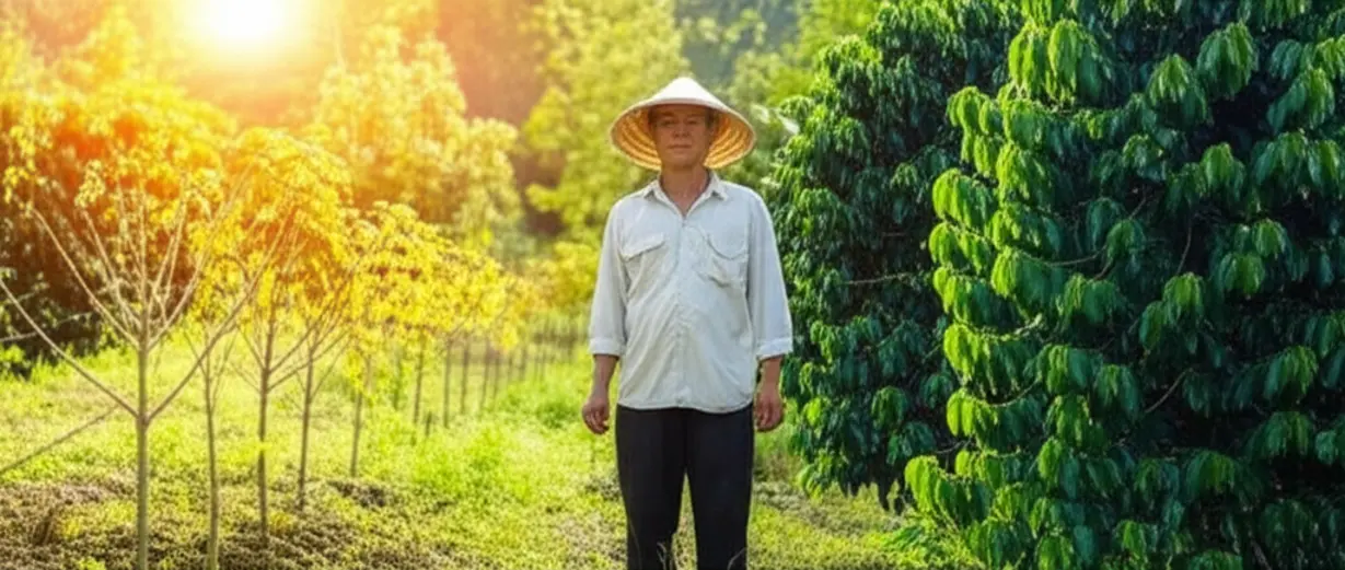 Nông dân đứng giữa vườn cà phê, một bên là cây còi cọc và một bên là cây xanh tốt, minh họa cho sự phục hồi thành công.