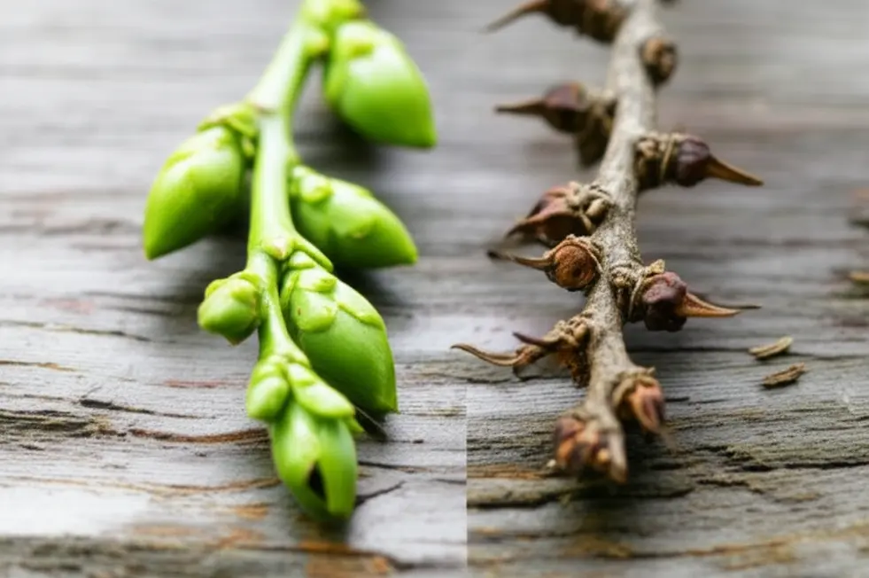 So sánh trực quan giữa cành cây khỏe mạnh (trái) và cành cây có dấu hiệu “ngủ” (phải).