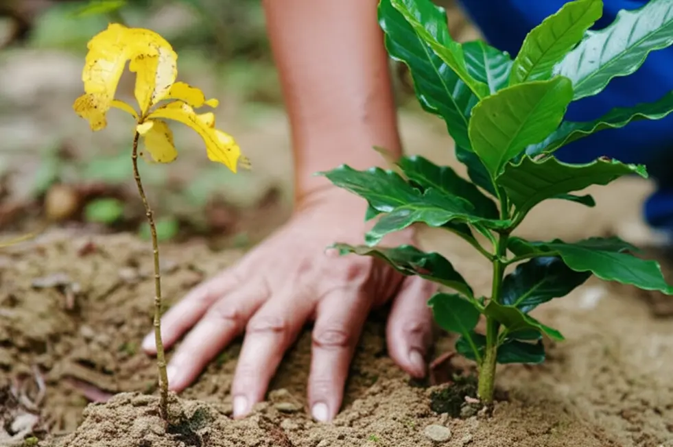 Sự khác biệt rõ rệt giữa một cây cà phê còi cọc, vàng lá và một cây phát triển khỏe mạnh.