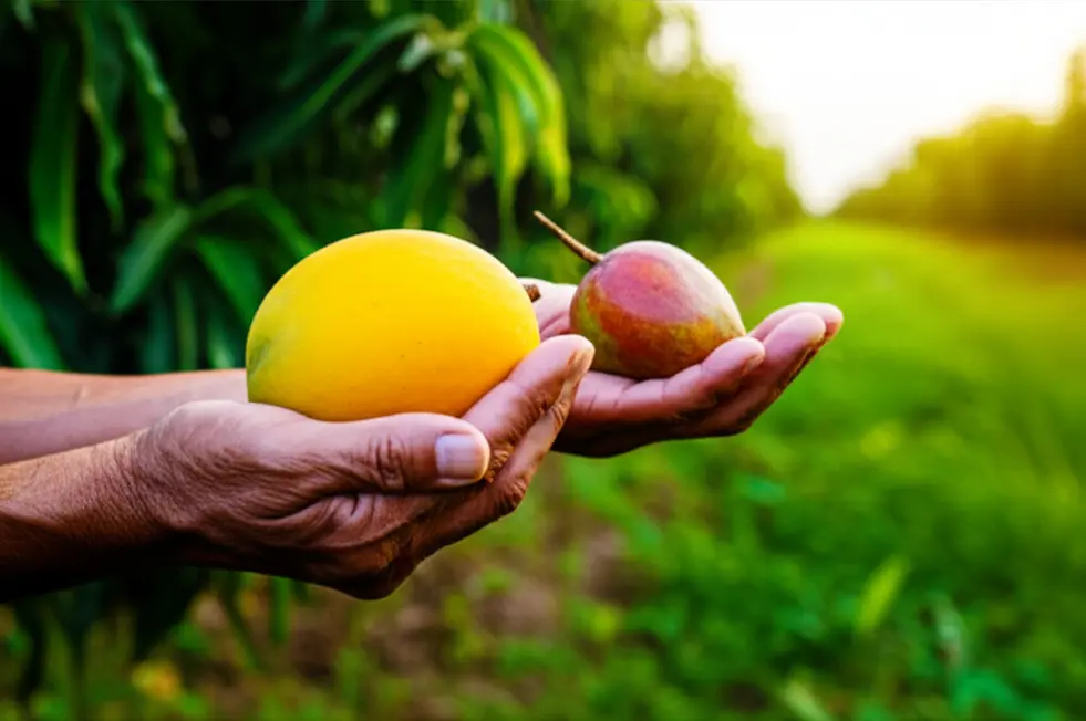 Hai bàn tay nông dân cầm hai quả xoài: một quả tròn đẹp và một quả bị méo mó, dị dạng.