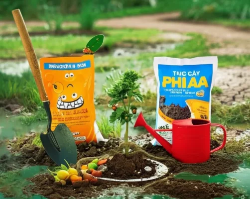 Hình ảnh hài hước cây con vàng úa, héo rũ với khuôn mặt buồn, bên cạnh là người nông dân đang dùng kính lúp soi xét với vẻ mặt ngơ ngác.