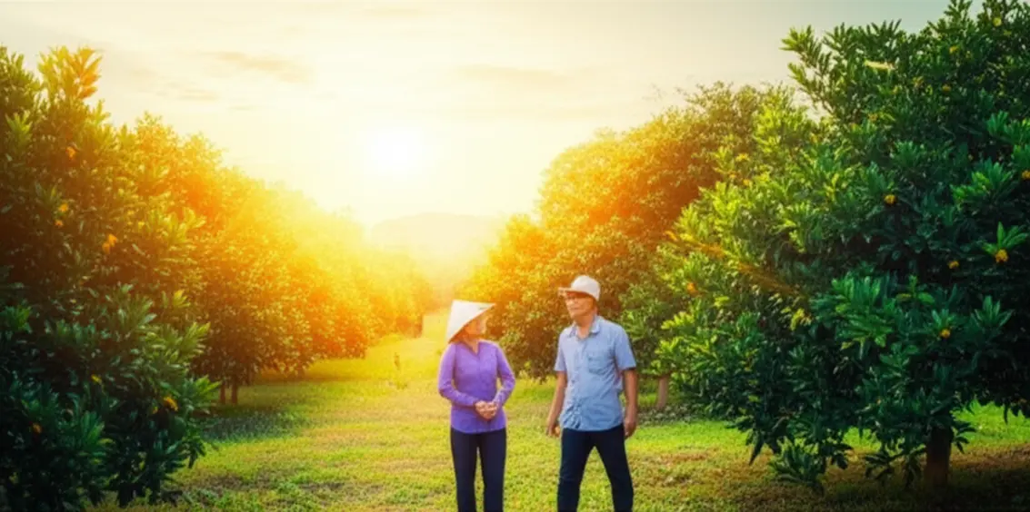 Người nông dân Việt Nam tự hào đứng trong vườn cây ăn quả sai trĩu quả, biểu tượng cho sự thành công trong việc khắc phục tình trạng cây còi cọc.