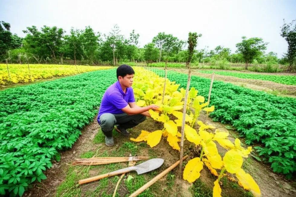 Một nông dân đang quan sát kỹ lưỡng những chiếc lá vàng trên cây trong một cánh đồng rộng lớn, thể hiện sự lo lắng và chăm sóc.