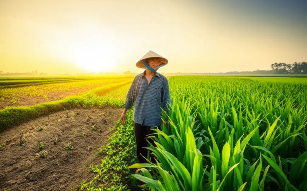 Nông dân Việt Nam đứng giữa cánh đồng, một bên là cây còi cọc và một bên là cây phát triển xanh tốt, thể hiện sự thành công sau khi khắc phục tình trạng cây trồng chậm lớn.