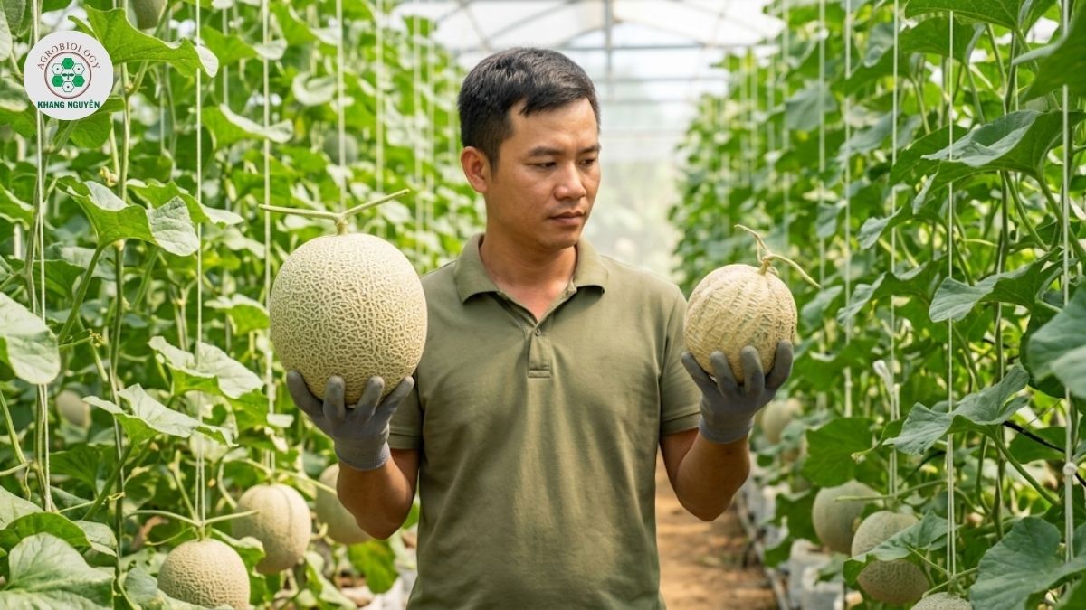 Thiếu hụt dinh dưỡng khiến trái dưa lưới đèo đẹt, làm sụt giảm nghiêm trọng năng suất tổng thể