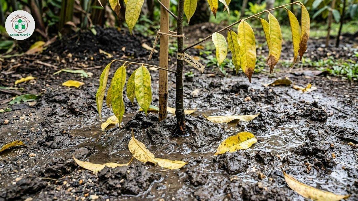 Nguyên nhân tưới thừa nước khiến sầu riêng mới trồng bị rụng lá