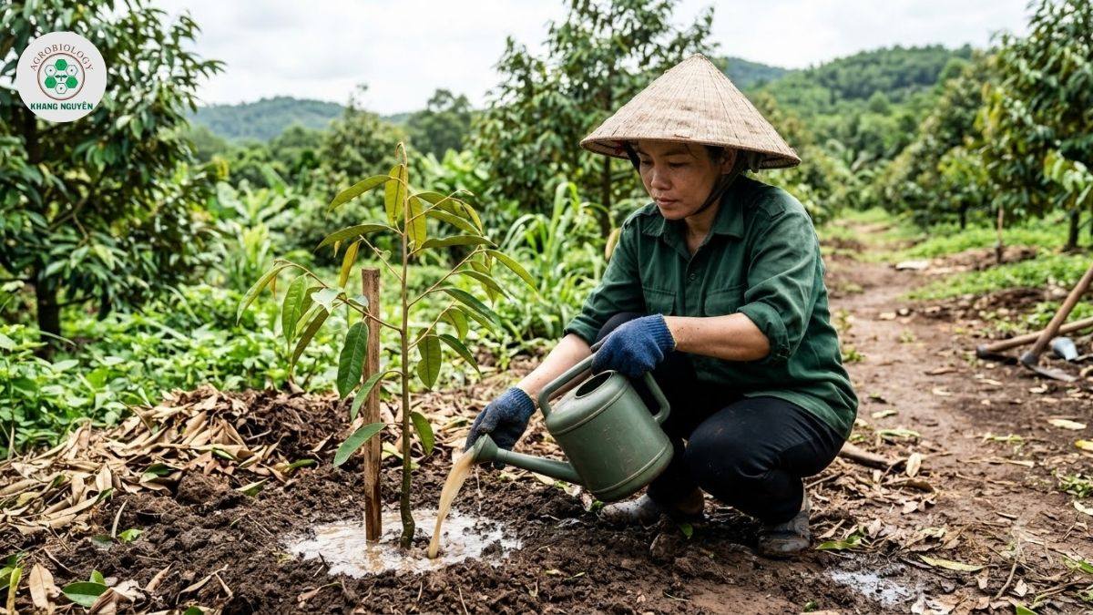  Tưới Bio Eco kích rễ cho sầu riêng mới trồng bị rụng lá
