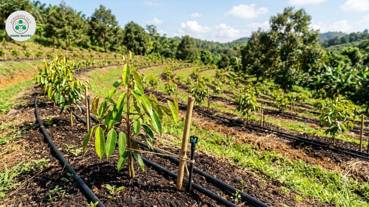 Vườn sầu riêng con phát triển khỏe mạnh nhờ giải pháp từ Khang Nguyên