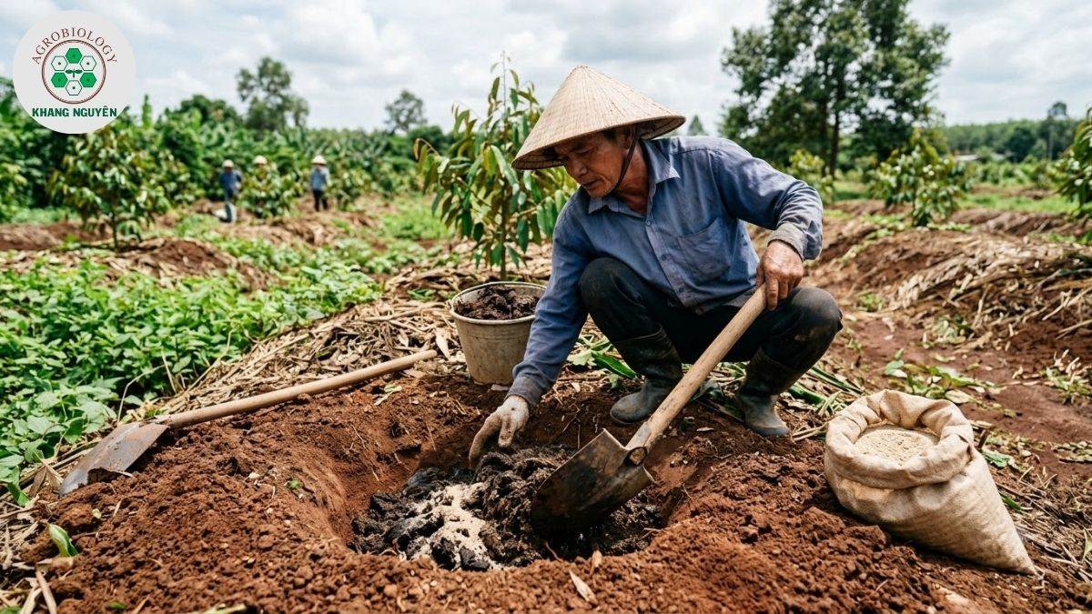 Trộn phân bón lót và vi sinh xử lý đất trước khi trồng sầu riêng