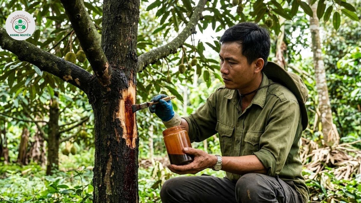 Quét dung dịch Nano Bạc Đồng đặc trị nấm hồng sầu riêng
