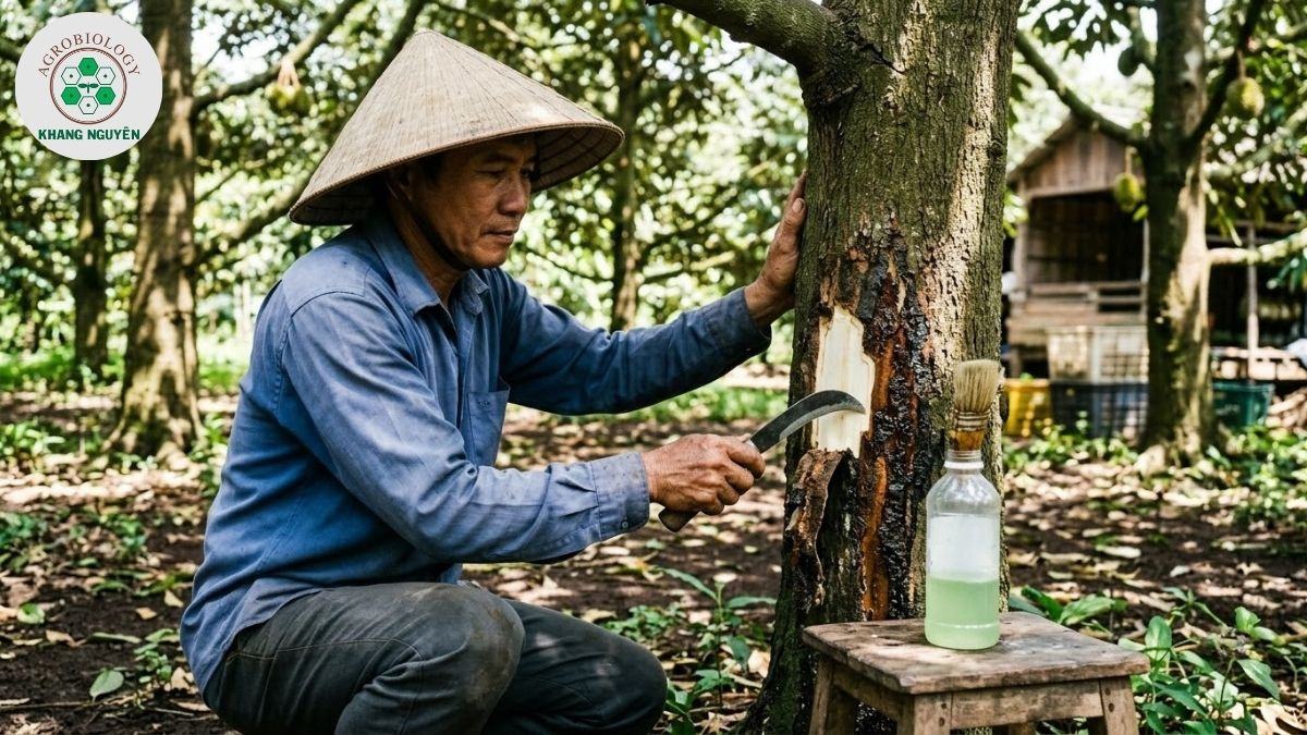 Cạo sạch vết bệnh nứt thân xì mủ sầu riêng trước khi quét thuốc