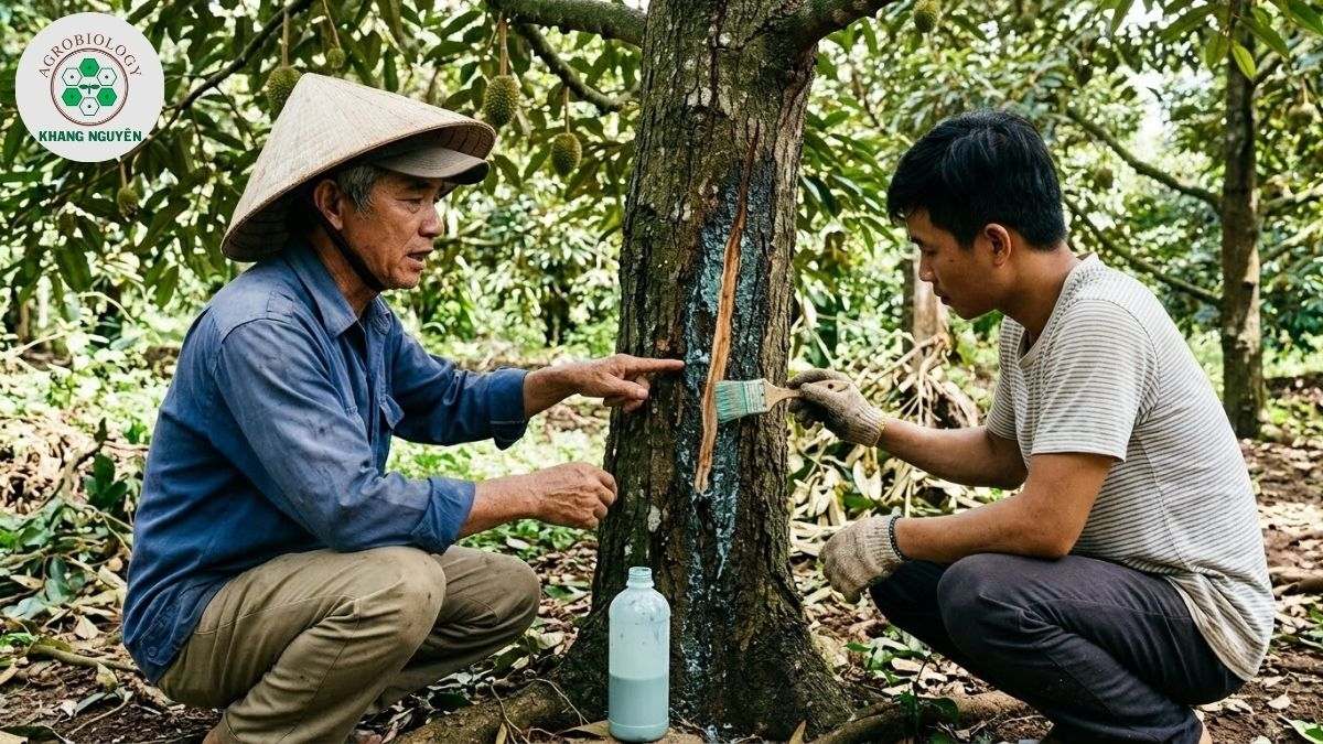 Chuyên gia Khang Nguyên đồng hành xử lý nứt thân xì mủ sầu riêng