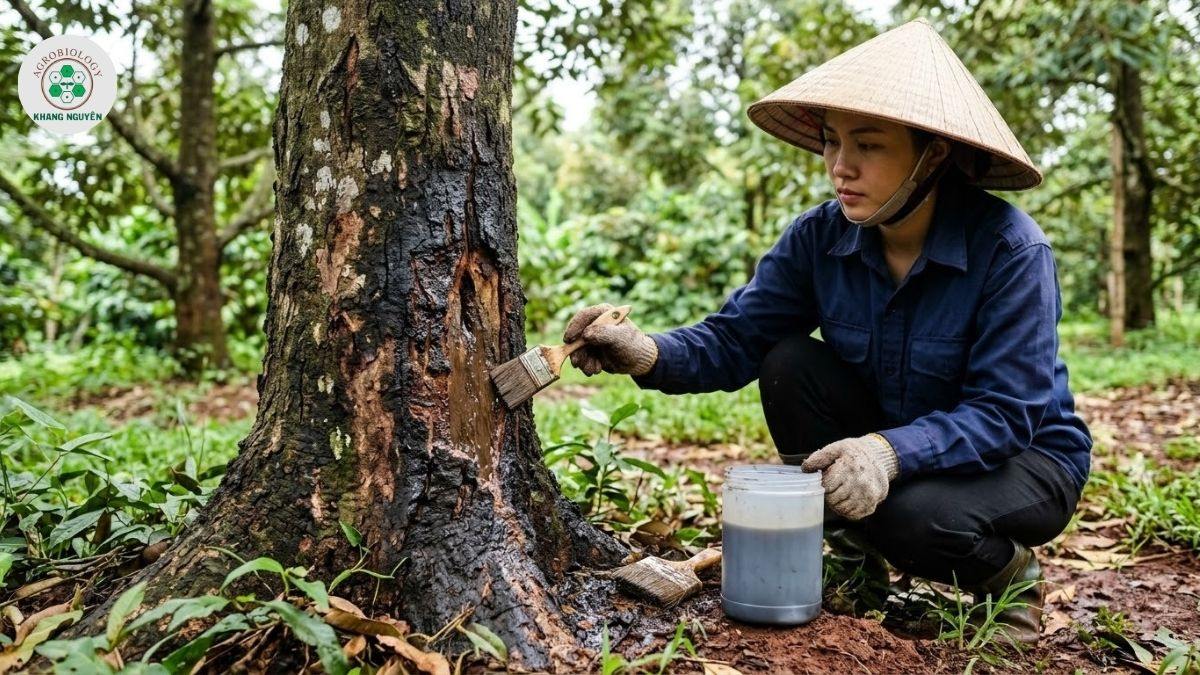 Quét Nano Bạc Đồng trị bệnh xì mủ thân khi sầu riêng bị nấm