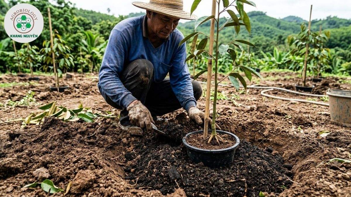 Bón lót vi sinh chuẩn bị đất trồng sầu riêng hạt lép