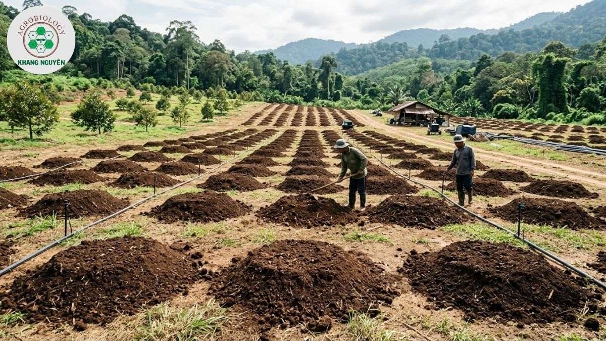 Thiết kế mô đất cao ráo chuẩn bị trồng sầu riêng Ri6