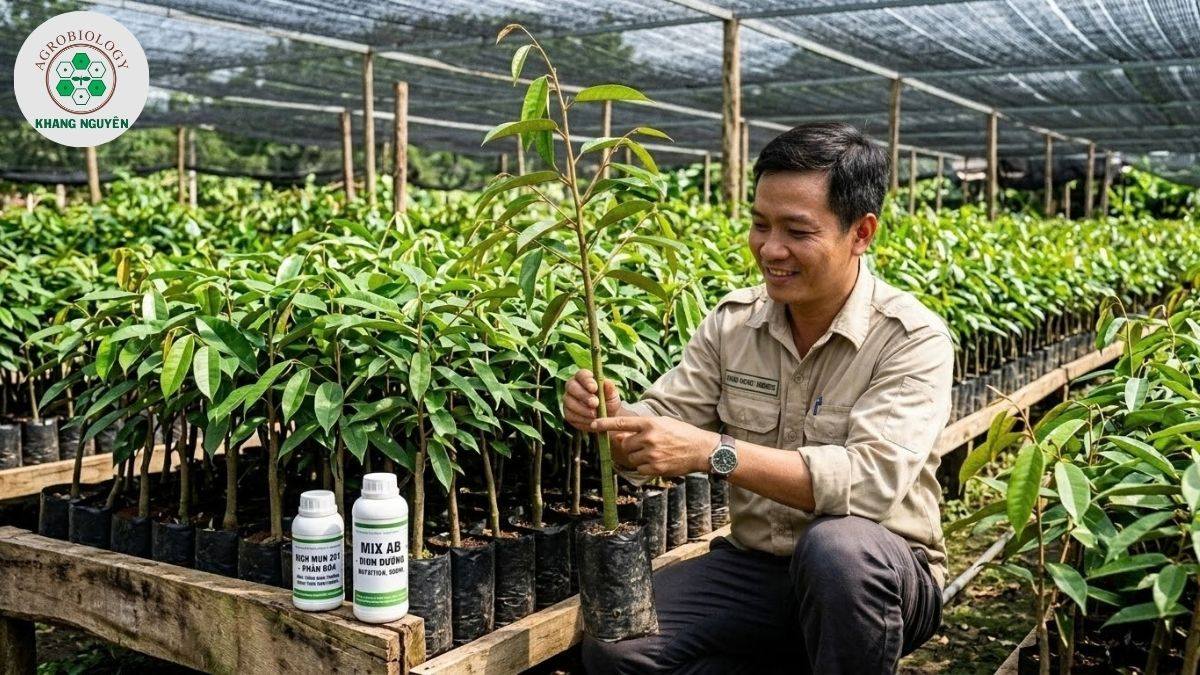 Chăm sóc cây sầu riêng ươm bằng giải pháp sinh học Khang Nguyên