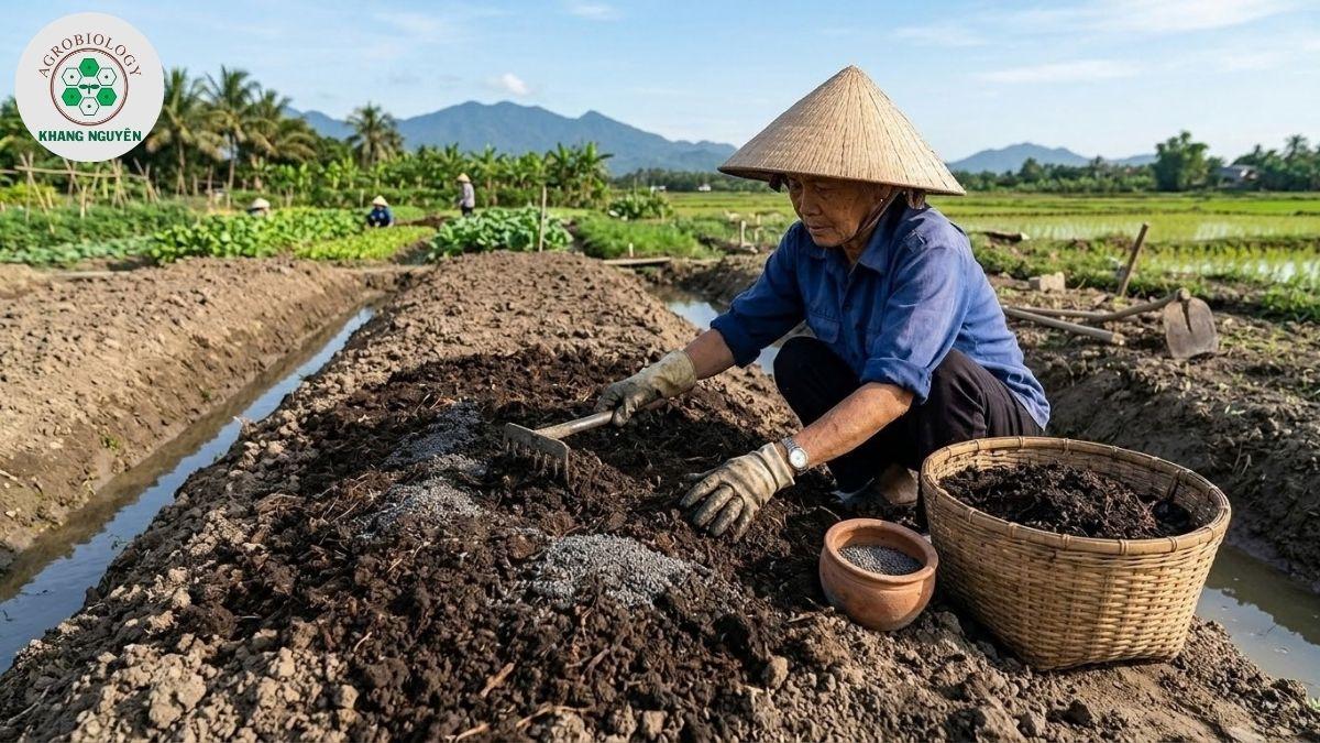 Bón lót vi sinh Tricho-Bacte chuẩn bị trồng sầu riêng gốc nhớt
