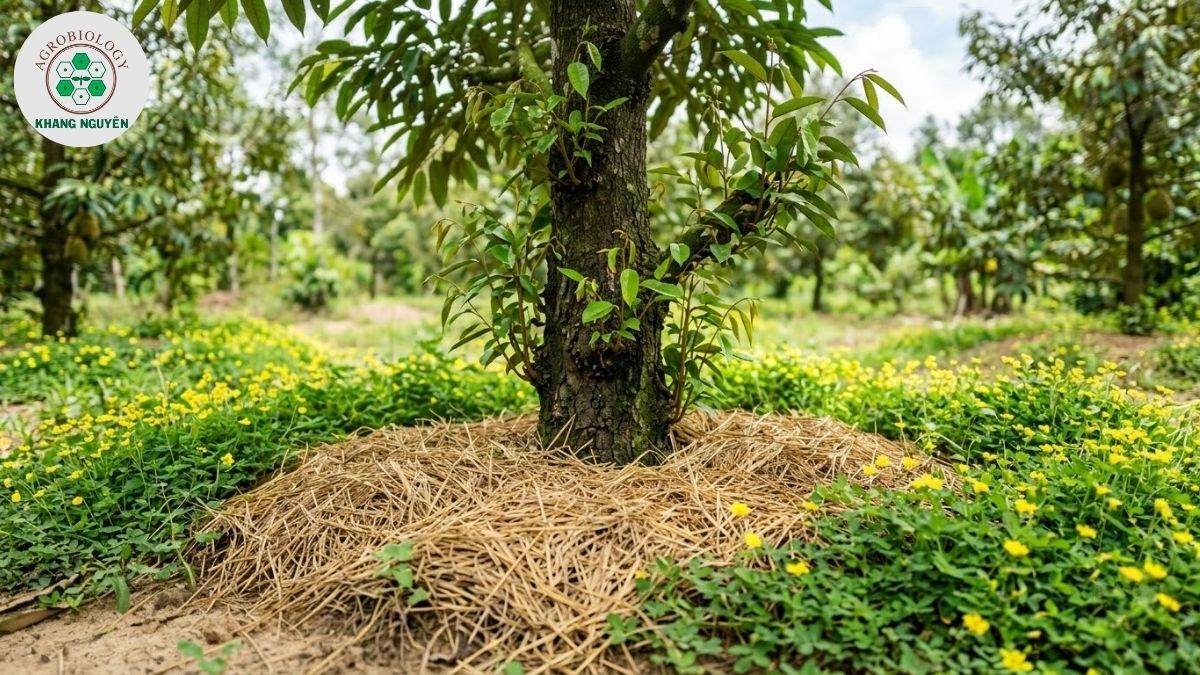 Trồng cỏ phủ đất và tủ rơm giữ ẩm cho sầu riêng trên đất cát