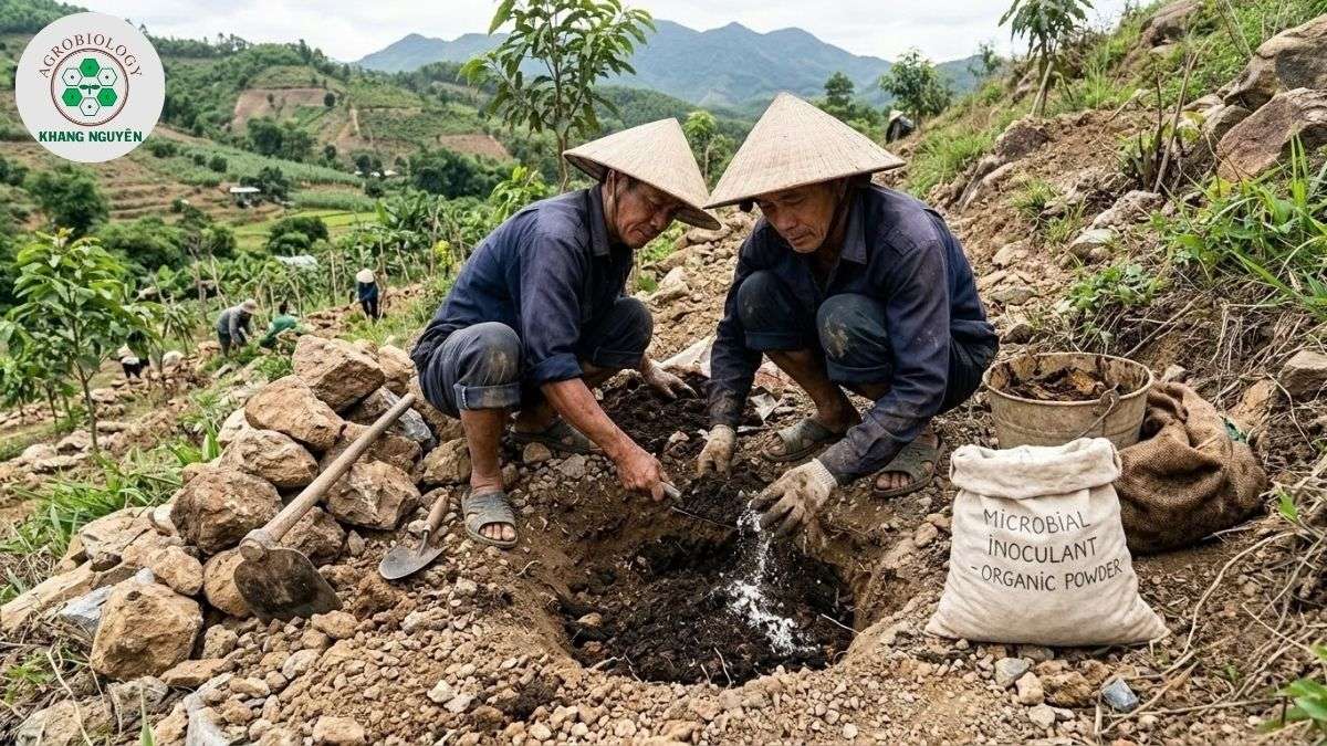 Quy trình đào hố và bón lót vi sinh cho sầu riêng trên đất đá