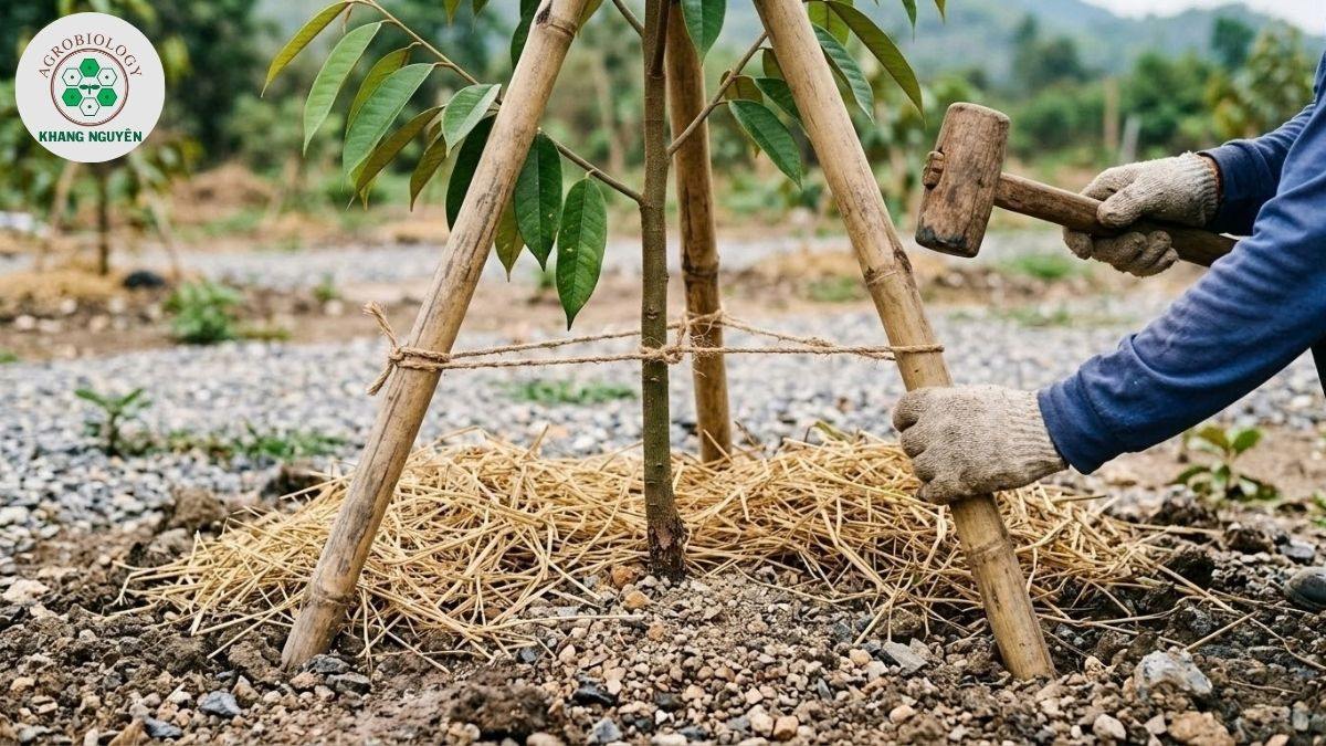 Cắm cọc cố định thân cây sầu riêng con trên đất đá