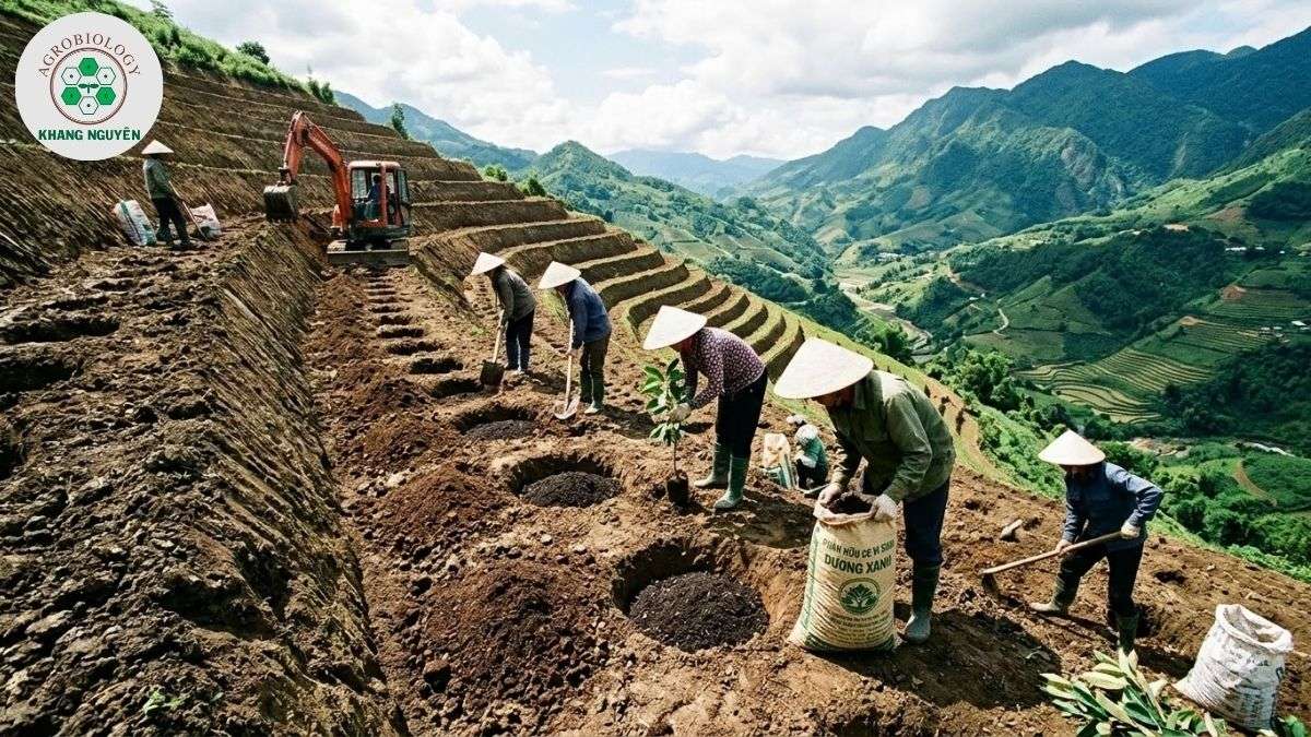 Kỹ thuật bạt bậc thang theo đường đồng mức trồng sầu riêng đất đồi