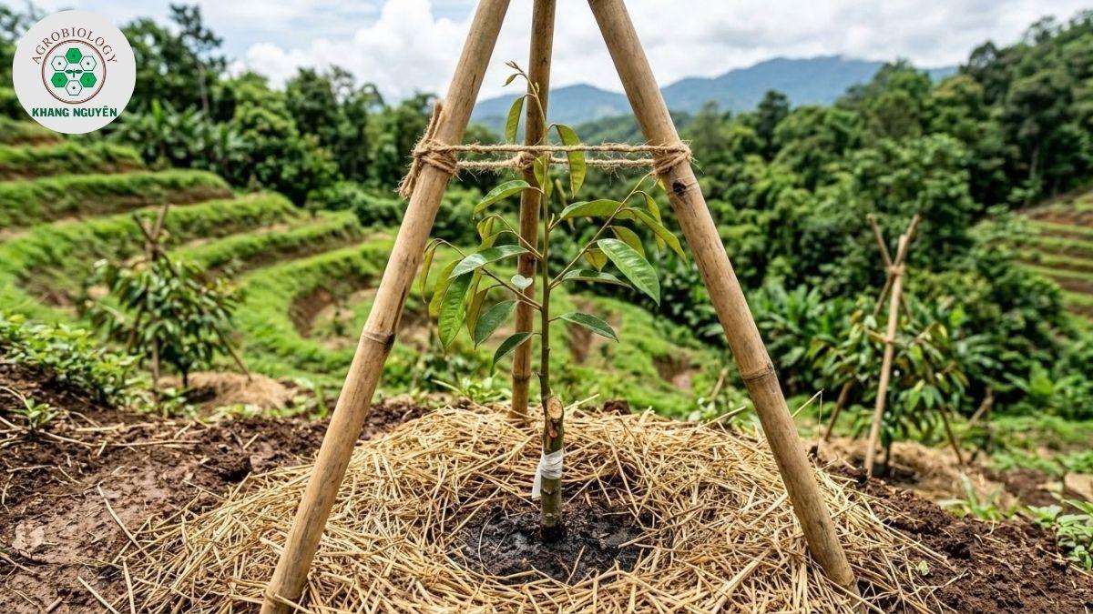 Cắm cọc kiềng ba chân cố định sầu riêng trên đất đồi dốc