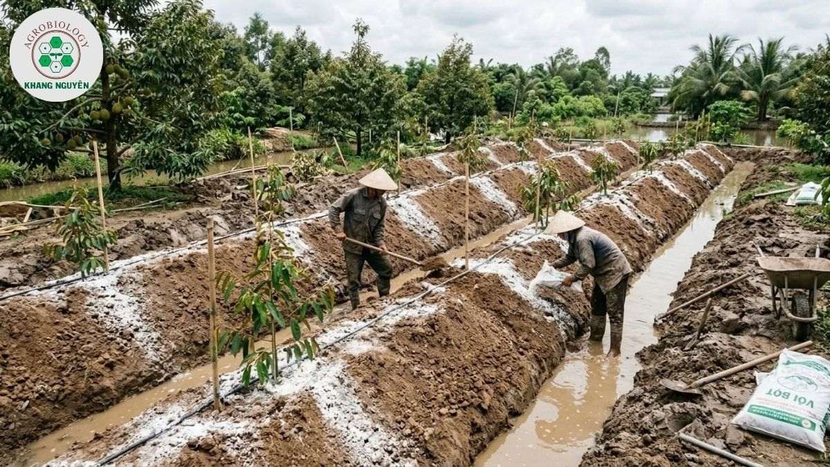 Kỹ thuật lên mô đắp liếp trồng sầu riêng trên đất phèn