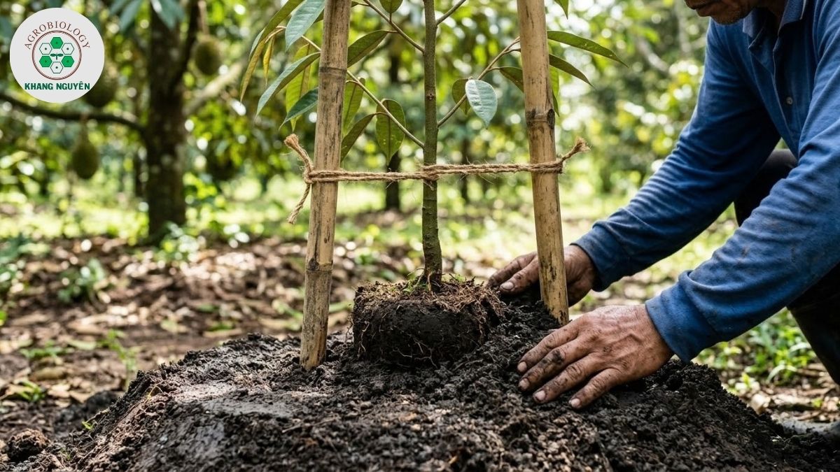 Kỹ thuật đặt bầu cây sầu riêng nổi trên mô đất phèn